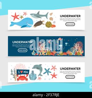 Flat Sea Life horizontale Banner mit Walhai Schildkrötenfischen seepferdchen Qualle Seesterne Krabbe Delphin Seetang Korallen Vektor-Illustration Stock Vektor
