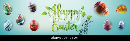 Fröhliches Osterposter mit realistischen Eiern und niedlichem Hasen mit buntem Hintergrund - Vektor Stock Vektor