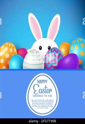 Fröhliches Osterposter mit realistischen Eiern und niedlichem Hasen mit buntem Hintergrund - Vektor Stock Vektor