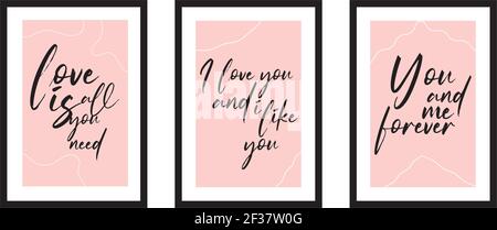 Drei verschiedene Design minimalistischen Poster in schwarzem Rahmen mit täglichen Typografie Zitate der Liebe - Vektor Stock Vektor