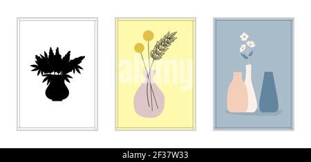 Drei minimalistische Poster Vase mit Blumen, Wanddekor, flaches Design, Poster Design-Vektor Stock Vektor