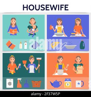 Wohnung Hausfrau Leben Quadrat Konzept mit Reinigung Einkaufen Waschen Kochen bügeln arbeitet Mutter mit Baby Haushaltsgeräte und Geschirr Vektor illust Stock Vektor