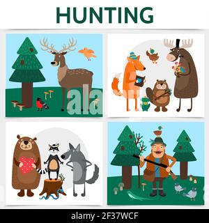 Flaches buntes Jagdviereckkonzept mit Jäger, der Rehe hält fuchsbiber Elch Bär Waschbär auf Baum stumpf Wolf anders Vögel isoliert Vektor-illus Stock Vektor