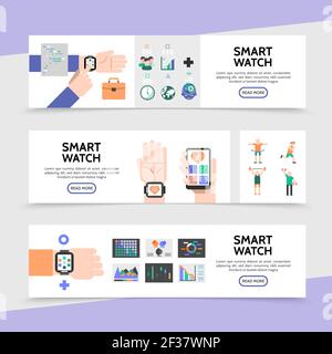 Flache Smart Watch horizontale Banner mit Smartwatch auf Händen bunt Tasten Fitness-Anwendung Sport Menschen Diagramme Diagramme Grafiken Vektor illustrat Stock Vektor