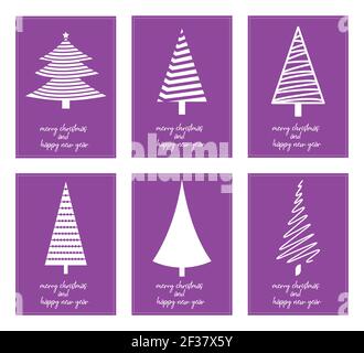 Sechs minimalistische Plakate Typografie fröhliche weihnachten und glückliches neues Jahr mit verschiedenen Weihnachtsbaum - Vektor Stock Vektor