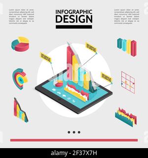 Isometrische Infografik Elemente Konzept mit Diagrammen Grafiken und Diagramme auf Tablet-Bildschirm isolierte Vektorgrafik Stock Vektor