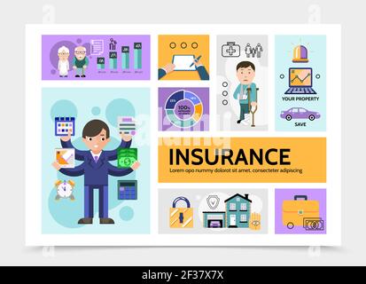 Flatversicherung Service Infografik Vorlage mit Agent Rentner Vertrag deaktiviert Laptop Sirene Auto Aktentasche Geld Anwesen Schloss Vektor Illustration Stock Vektor
