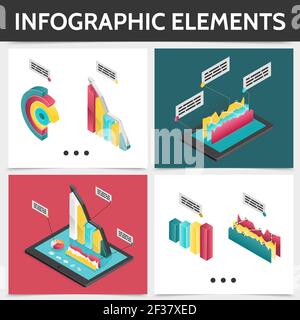 Isometrisches buntes quadratisches Infografik-Konzept mit 3D Business-Diagrammen Balken Diagramme und Grafiken isolierte Vektordarstellung Stock Vektor
