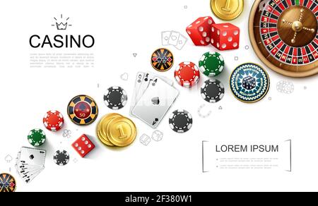 Realistische Casino Elemente Konzept mit Roulette Spiel Würfel Spielkarten Und Poker Chips Vektor Illustration Stock Vektor