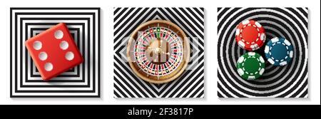 Realistische Casino Elemente Sammlung mit roten Würfel Roulette Rad bunt Chips auf Quadraten Diamanten Kreise Hintergründe isoliert Vektor Illustration Stock Vektor