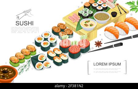 Isometrische Sushi-Food-Kollektion mit Sashimi-Rollen verschiedener Art Gewürze Algen Saucen Wasabi Essstäbchen Vektor-Illustration Stock Vektor