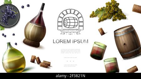 Realistisches Branchenkonzept der Weinherstellung mit original Flaschen aus roten und Weißweine Gläser Holzfass Korken Trauben von Traubenvektor Abbildung Stock Vektor