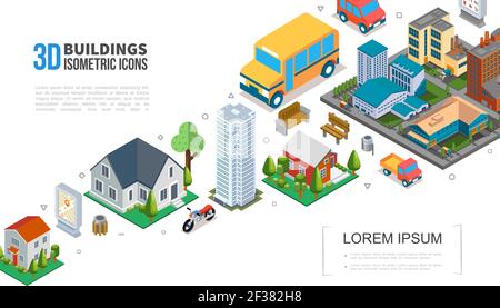 Isometrische Stadtbild Elemente Sammlung mit Stadtgebäuden Wolkenkratzer Vorstadthäuser Fahrzeuge Abfallbäume Bänke Vektor-Illustration Stock Vektor
