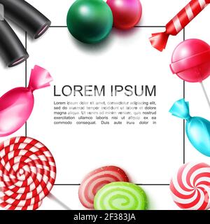 Realistische süße Bonbons buntes Konzept mit Rahmen für Text Bonbons Jelly Gums Lollipops Lakritz Vektorgrafik Stock Vektor