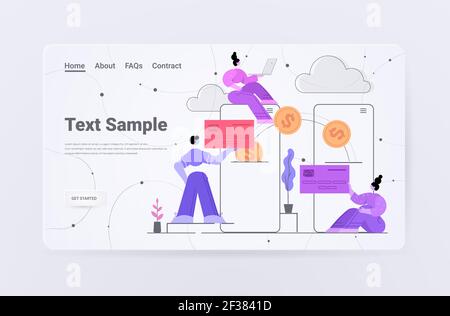 Geschäftsleute senden und empfangen Münzen über Smartphones Überweisung Zahlung Finanztransaktionen Stock Vektor
