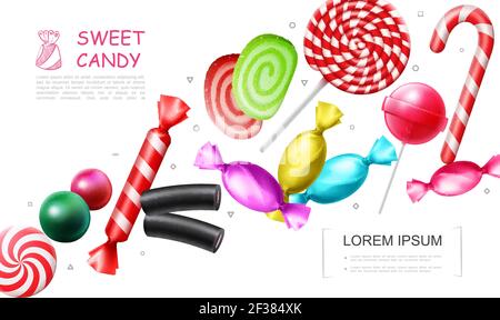 Realistische süße Bonbons Kollektion mit Lollipop Bonbons Bonbon Zuckerrohr Marmelade Jelly Gums Lakritz Vektorgrafik Stock Vektor