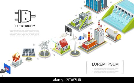 Isometrisches Elektrizitätskonzept mit Wasserkraft- und Brennstoffkraftwerken Biomasse Energie Fabrik Gas Halter Haus Windmühle Solar-Panel elektrische Transfo Stock Vektor