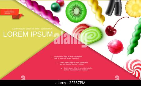 Realistische süße Produkte Zusammensetzung mit Kirsche Kiwi Ananas Stücke Obst Bonbons Gums Lollipops Marmelade Süßholz Vektorgrafik Stock Vektor