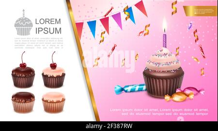 Realistische süße Geburtstagskonzept mit festlichen Cupcake brennende Kerze Bonbons Girlande und Konfetti Vektor Illustration Stock Vektor