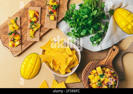 Komposition mit frischer Mango-Salsa und Nachos auf farbigem Hintergrund Stockfoto