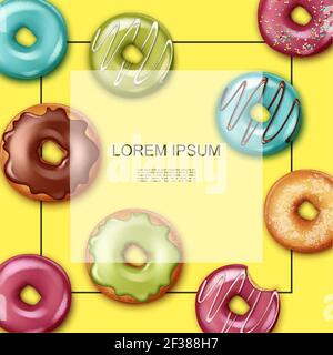 Realistische Desserts Premium-Vorlage mit Rahmen für Text bunte Donuts Mit verschiedenen Zutaten und Geschmacksrichtungen auf gelbem Hintergrund Vektor illustratio Stock Vektor