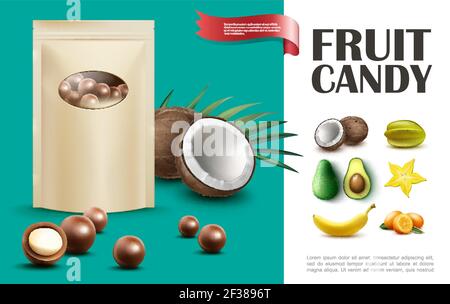 Realistische Obst Süßigkeiten Konzept mit Tüte Schokolade Kugeln Kokosnuss Karambola Banane Avocado Vanille Kumquat Vektor-Illustration Stock Vektor