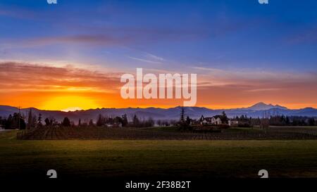 Blauer, orangefarbener und gelber Himmel bei Sonnenaufgang im Fraser Valley von British Columbia, Kanada mit Mount Baker im Staat Washington im Hintergrund Stockfoto