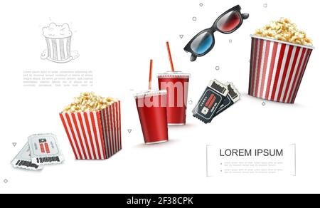 Realistische Kino Elemente Vorlage mit Tickets 3D Gläser Soda Tassen Gestreifte Tasche und Eimer voller Popcorn Vektor-Illustration Stock Vektor