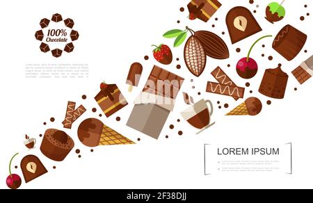 Flache süße Produkte Vorlage mit Schokolade Bars Süßigkeiten Eis Kuchen Beeren Kaffeetasse Kakaobohnen Vektor-Illustration Stock Vektor