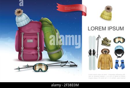Realistische Skibekleidung und Ausrüstung Konzept mit Rucksäcken Skistöcke Gestrickte Hut Sneaker Brille Helm Handschuhe Jacke Vektor Illustration Stock Vektor