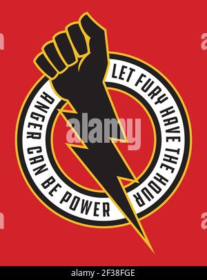 Erhöhte Faust Blitz Schraube Wut Protest Abzeichen. Vektor-Illustration zeigt geballte Faust kombiniert mit Blitz für mächtige Symbol der Rebellion. Stock Vektor