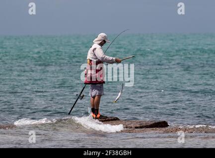 Man Felsenfischen, mit Fischen wriggling auf Linie, stehend auf Felsen umgeben von blauem Wasser des Pazifischen Ozeans in Australien Stockfoto