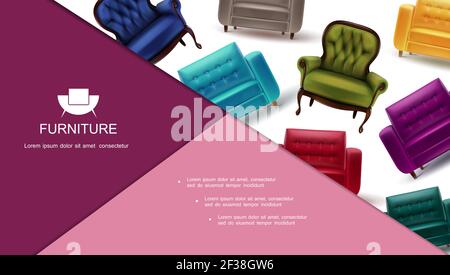 Bunte Wohnmöbel Objekte Komposition mit weichen Sesseln in realistisch Vektordarstellung Stock Vektor