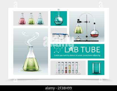 Realistische Zusammensetzung der Laborgeräte mit Vollröhrchen Becher Schutzbrille Und chemische Reaktionstest mit Kolben und Alkoholbrenner Vektor Stock Vektor