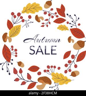 Banner für Herbst Verkauf in Rahmen aus Blättern. Vektorgrafik, handgezeichneter Stil, Inschrift. Kranz isoliert auf weißem Hintergrund. Stock Vektor