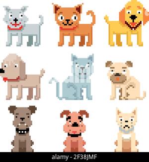 Pixel Art Haustiere Symbole. 8 Bit Hunde und Katzen Vektor. Haustiere Katze und Hund in Pixel Art, Illustration Rasse Haustiere Stock Vektor