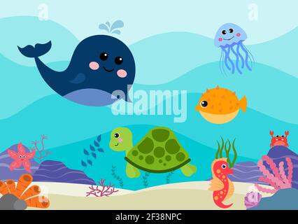 Unterwasserlandschaft und niedliches Tierleben im Meer mit Seepferdchen, Seestern, Kraken, Schildkröten, Haie, Fisch, Quallen, Krabben Design. Vektorgrafik Stock Vektor