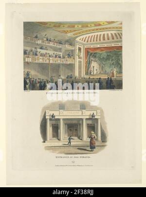 Druck-, Innen- und Außenansicht des Sans Pareil Theatre, The Strand, London, 1816 Stockfoto