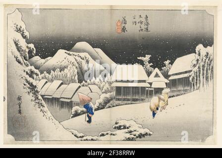 Print, Kambara, Schnee in der Dämmerung, in den 53 Stationen der Tokaido-Straße (Tokaido Gojusan Tsugi-no Uchi), ca. 1834 Stockfoto