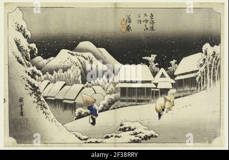 Print, Kambara, Schnee in der Dämmerung, in den 53 Stationen der Tokaido-Straße (Tokaido Gojusan Tsugi-no Uchi), ca. 1834 Stockfoto