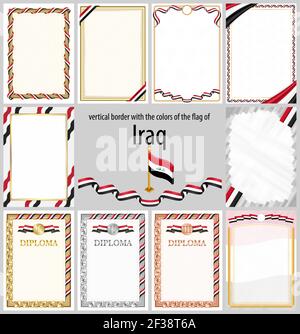 Set von vertikalen Rahmen und Grenzen in den Farben der Flagge des Irak, Vorlage Elemente für Ihr Zertifikat und Diplom. Vektor. Stock Vektor