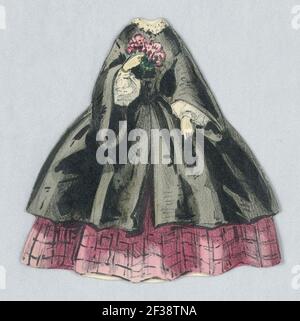 Druck, Papierpuppe Kostüm in Schwarz über kariertem rosa Rock, 1840–60 Stockfoto