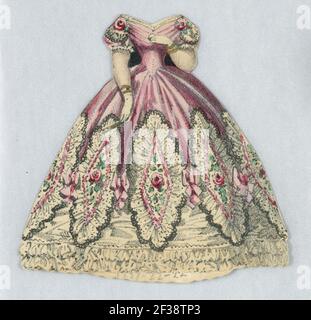 Druck, Papierpuppe Kostüm in rosa und weißer Spitze, 1876–80 Stockfoto