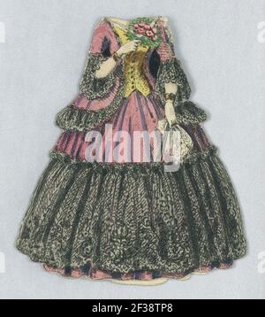 Druck, Papierpuppe Kostüm in Rosa mit schwarzer Spitze und gelbem Oberteil, 1876–80 Stockfoto