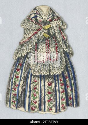 Druck, Papierpuppe Kostüm mit floralen und blauen vertikalen Streifen, 1876–80 Stockfoto