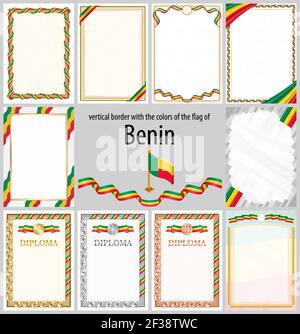 Set von vertikalen Rahmen und Rahmen in den Farben der Flagge von Benin, Vorlage Elemente für Ihr Zertifikat und Diplom. Vektor. Stock Vektor