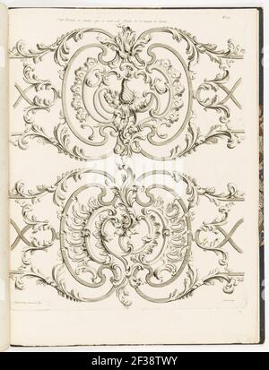 Print, Petit Balçon et Suivant, qui de voient a la Facade de la Maison de l'Auteur (kleiner Balkon und andere Grillarbeiten aus der Residenz von Jean Lamour), pl. 23 in Recueil des Ouvrages de Serrurerier, ca. 1763-67 Stockfoto