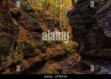 Ein Blick in Parfrey's Glen, Wisconsin mit einem einmaligem Wanderer in der Ferne. Stockfoto