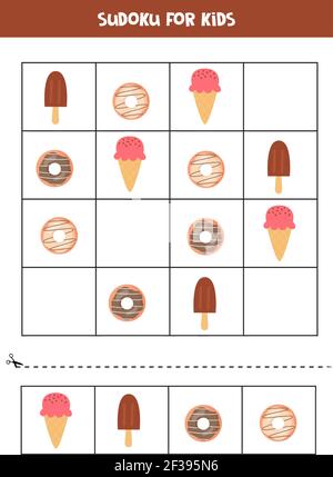 Sudoku für Kinder im Vorschulalter. Logisches Spiel mit Eis und Donuts. Stock Vektor