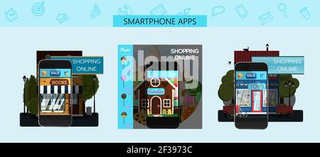 Eine Reihe von Seiten für mobile App Stores. Vektorgrafik Cartoon-Illustration. Werbung für einen Online-Süßigkeitenladen, einen Spielwarenladen und einen Buchladen. Smartphone-Bildschirm mit dem Stock Vektor